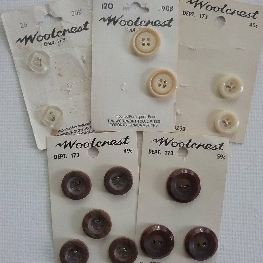 Vintage Woolcrest Carded Buttons - Lot of 14 Brown, Beige, White - Mid Century